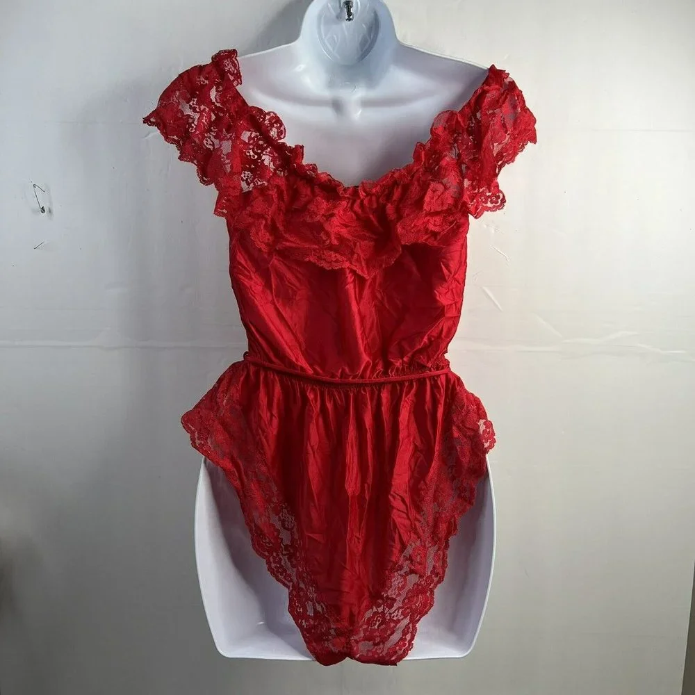 Vintage 70s‎ 80s Teddy One Piece Red Lace Satin Romper Lingerie High Cut Booty M